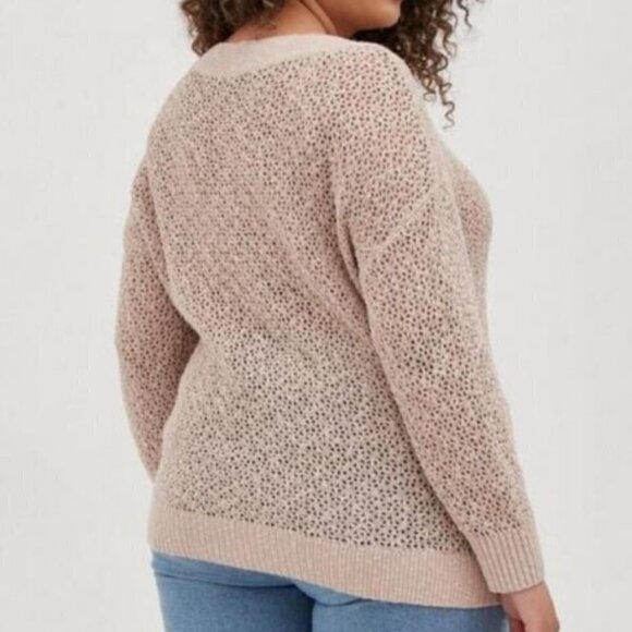 Torrid Sweater Size 1 1X Open Stitch Knit V Neck Pullover Long Sleeves Beige - Picture 3 of 14
